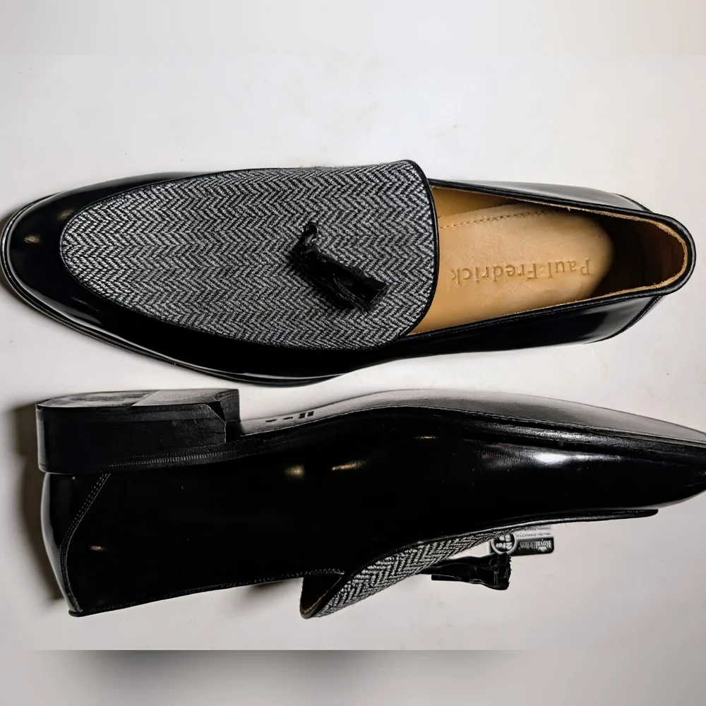 Paul Fredrick Black Patent & Gray Herringbone Tassel Loafers